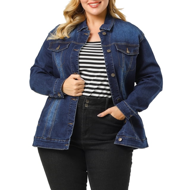 Agnes Orinda Women's Plus Size Jean Jacket Stitching Button Washed Denim Outerwear Coat L Dark Blue