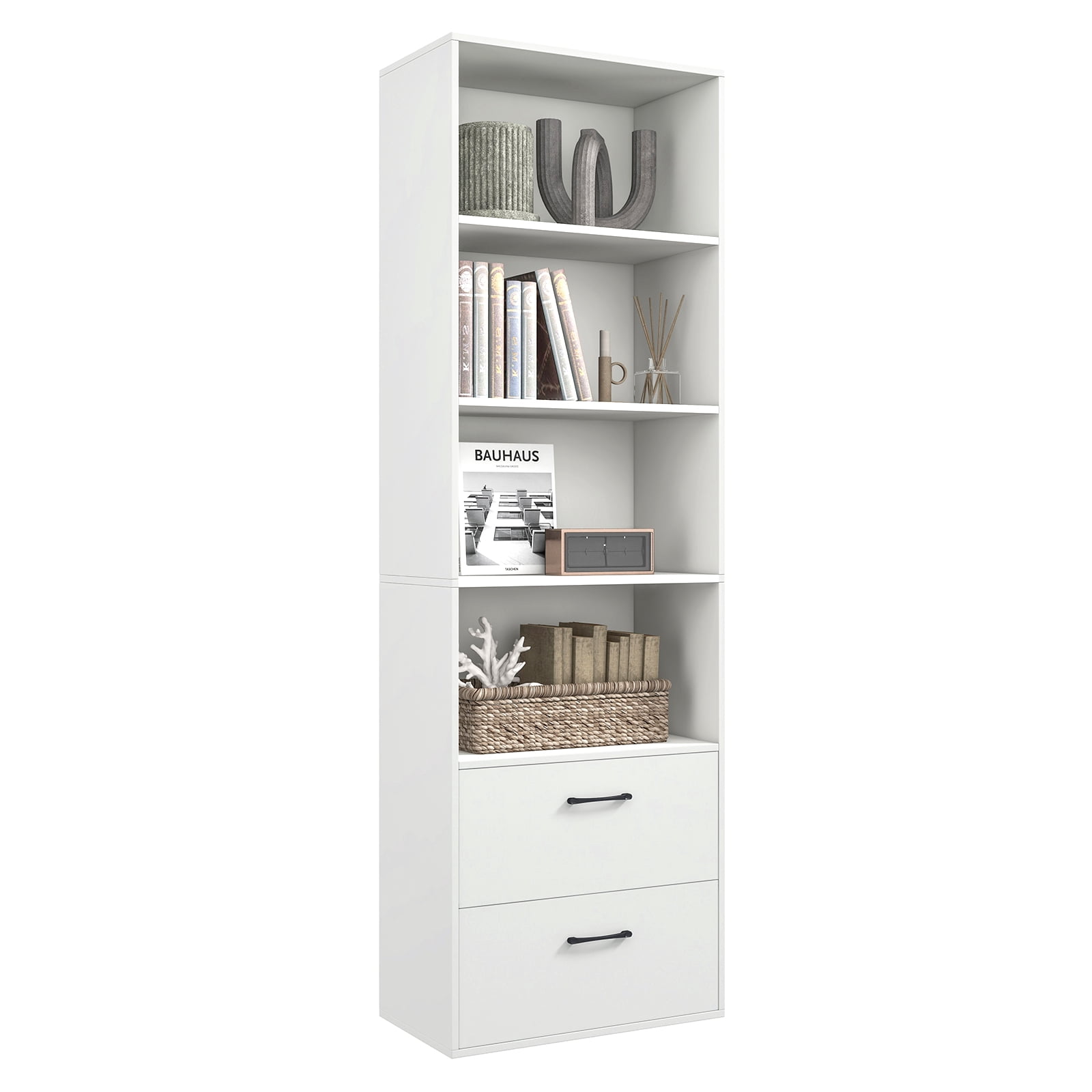Patiojoy 74" Tall Bookcase 4-tier Open Bookshelf with 2 Slide-out Drawers Modern Display Shelf with Anti-toppling Device Multipurpose Wooden Organizer White