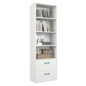 Patiojoy 74" Grande bibliothèque 4-tier Ouvrir la bibliothèque avec 2 Tiroirs coulissants Tablette d'affichage moderne avec dispositif anti-dérapant Organisateur en bois polyvalent Blanc
