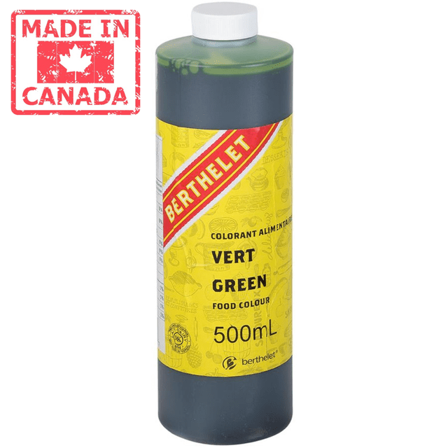 Berthelet Green Food Colouring, Professional High-Concentration Liquid Dye, 500ml (16.9 fl oz) bottle. The vibrant green colorant is packaged in a resealable container with a yellow label featuring the Berthelet logo and product details. Ideal for baking ingredients, food colouring applications, and professional culinary use, it offers heat stability and precision for decorating and cooking. Made in Canada.