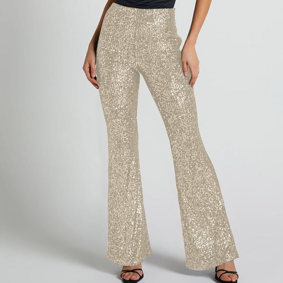 LOVZFMLL Women's Pants, New Solid Color Fashionable Casual High Waist Sequin Trumpet Pants Beige, M