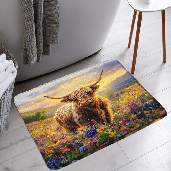 YSATNSFT Tapis de Bain Vache Highland Rustique Ferme Vaches Western Campagne Marron Bétail Animal Salle de Bain Baignoire Tapis de Sol Paillasson Décoration de Toilette, 18 x 30 Po