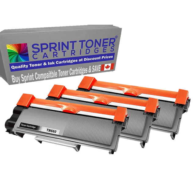 Compatible Brother TN660 Black Toner Cartridge 3 Pack High Yield by Sprint Toner Cartridges. Includes three high-yield toner cartridges with a page yield of up to 2,600 pages each at 5% coverage. Designed for sharp text and clear graphics, suitable for professional documents. Compatible with Brother printers such as DCP-L2520DW, HL-L2300D, and MFC-L2700DW. Features a 1-year warranty against defects. Displayed with orange protective covers and Sprint Toner Cartridges packaging in the background.