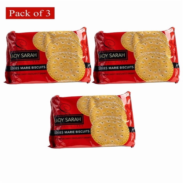 Lady Sarah Maria Biscuits, Crispy & Crunchy Marie Cookies, 340g (Pack of 3). Three red packages of Maria biscuits are shown, each containing golden, round cookies with embossed edges and perforated centers. Perfect for snacking, sharing, or gifting, these biscuits are Kosher certified and individually packaged for freshness.