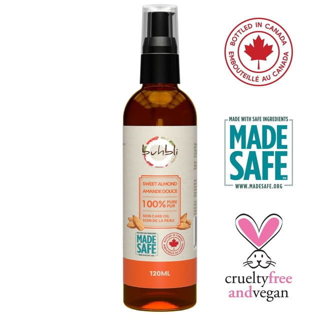 Buhbli Brands - Huile d'Amande Douce, Bouteille en Plastique Ambre 120 ml avec Pompe Noire et Bouchon Transparent, Étiquetée Huile de Soin de la Peau 100 % pure, Certifiée Sécuritaire, Sans Cruauté et Végane, Embouteillée au Canada, Idéale pour Hydrater le Visage, le Corps, les Cheveux et le Cuir Chevelu, et Convient comme Huile de Support pour l'Aromathérapie et le massage.