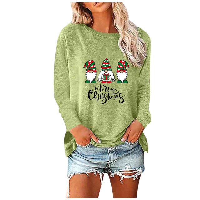 Womens Round- Neck Christmas Printing Recreational Long Sleeve Tops