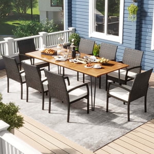 Costway 9 PCS Outdoor Patio Dining Set Armchairs Set of 8 and Acacia Wood Square Table