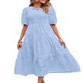thumbnail image 2 of EIMELI Femmes Été Soufflé Manches Robe Smocked Floral en Vrac Fluide Robe Haute Taille Dentelle Floral Étagé Midi Robe Bleu Ciel XL, 2 of 4