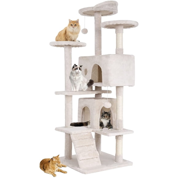 BestPet Arbre à Chat de 54 Pouces, Tour à Plusieurs Niveaux pour l'Intérieur, Mobilier pour Chat, Poteaux à Griffer, Condo et Jouets pour Chatons, Beige