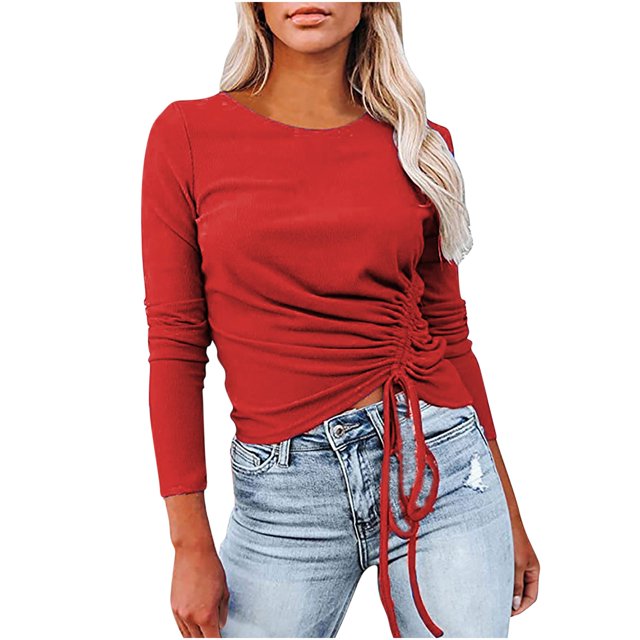 Pompotops Hauts Décontractés à Manches Longues Col Rond Couleur Unie Mode avec Cordon de Serrage pour Femmes