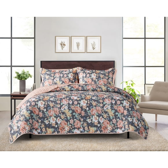 Mainstays Ensemble courtepointe et drap-housse légers tout-en-un - 7pièces, Tres Grand Lit, Floral Gris