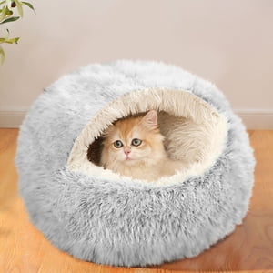 Oneshrt Lit de chat à capuchon rond & Lit de chien avec couverture, Lit de chiens pour petits chiens, Lit en peluche ronde Coved Cat Bed Self Warming Dog Bed 12 Animaux de compagnie (Gray, 15.75*15.75 pouces)