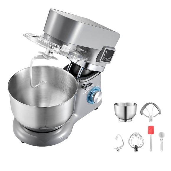 KFFKFF Ice Cream Maker, 1.8 Qt. Capacity, 6-Speed Electric Stand Mixer, with LED Digital Display & Timer, Mixing Paddle, Dough Hook, Splash Guard, Grey