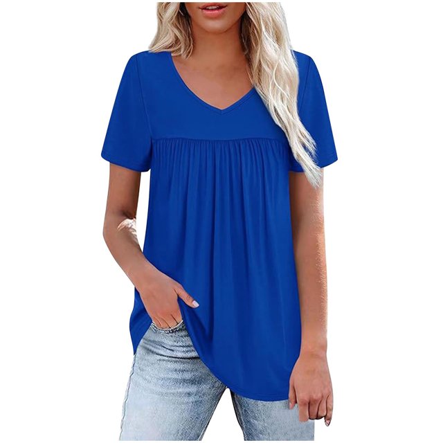 Timegard Womens Summer Tops Ruched Drop Shoulder V Neck Short Sleeve Casual Loose Comfy Blouse Tops