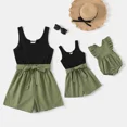 thumbnail image 1 of PatPat Mother's Day Easter 100% Cotton Ribbed and Solid Splicing Sleeveless Belted Romper for Mom and Me, 1 of 7