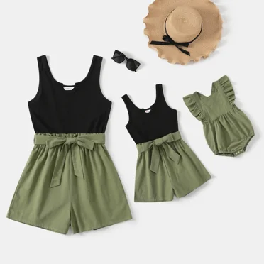 PatPat Mother's Day Easter 100% Cotton Ribbed and Solid Splicing Sleeveless Belted Romper for Mom and Me