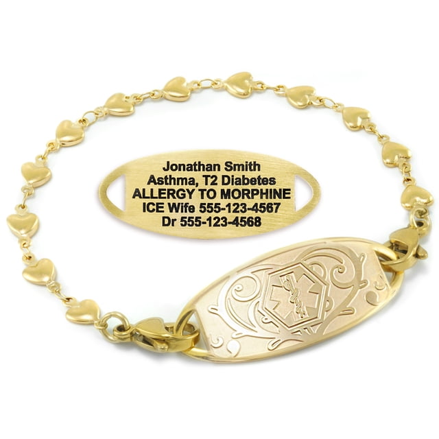 MedicEngraved Yellow Gold Stainless Steel Custom Medical Alert Bracelet - 5mm Heart Link