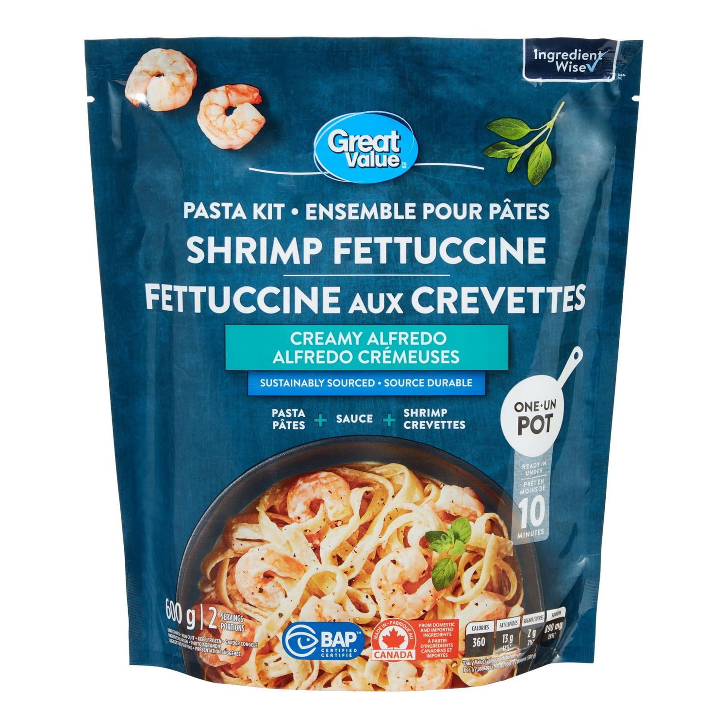Ensemble pour pâtes Fettuccine sauce alfredo crémeuse aux crevettes Great Value 600g