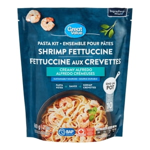 Great Value Creamy Alfredo Kit de pâtes de crevettes Fettuccine, 600 g