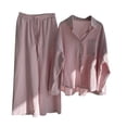 thumbnail image 2 of VEKDONE Summer Cotton Linen Sets 2 Piece Long Sleeve Button Lapel Shirts with Wide Leg Pants Solid Color Loose Fit Blouse Match Drawstring Palazzo Pants Suits, 2 of 5