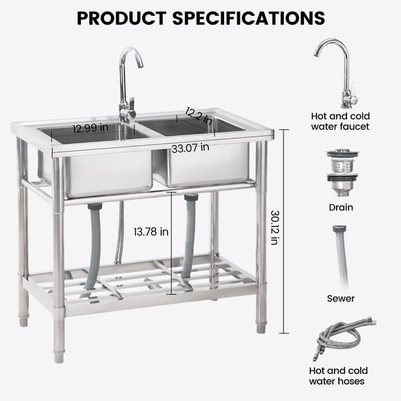 AKDSteel Stainless Steel Utility Sink With Workbench, Rack, Faucet, And Hot & Cold Water Plumbing, Deep Basin For Laundry Room, Kitchen, Garage, Workshop, Or Outdoor Use