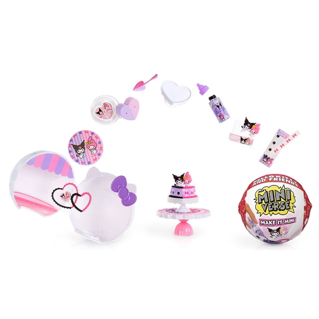 MGA's Miniverse Make It Mini Hello Kitty® and Friends Series 2 Mini Collectibles with an opened white spherical display case featuring a purple bow and pink-striped interior, two heart-shaped rings, and miniature accessories including a pink spoon, heart containers, a purple bottle, character stickers, and a pink and purple cake with Kuromi and My Melody figures on a pedestal. The unopened collectible ball with Hello Kitty and Friends branding is also visible, showcasing the surprise collectible and display case design.
