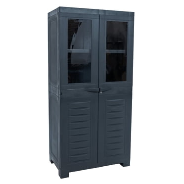Sunnydaze Plastic Lockable Storage Cabinet with 3 Adjustable Shelves and 2 Windows - Charcoal - 48.75"