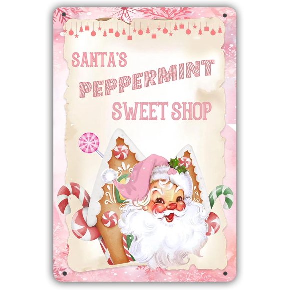 Santa's Peppermint Sweet Shop Metal Tin Sign Vintage Retro Candy Cane Lane Metal Plaque Sign Decorations Christmas Gift for Cafe Bar Home Shop Farmhouse Decor Poster 8x12 inch
