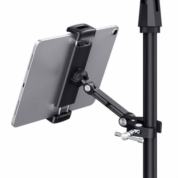CreaDream Tablet Holder for Microphone Stand, Aluminum Mic Music Stand Holder Mount for Phone and iPad, Adjustable Tablet Holder Compatible with Devices from 4.7 to 13 inch Tablets & Smartphones