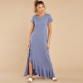 thumbnail image 1 of New Women's Crewneck Short Sleeve Ruffles Decor Asymmetrical Long Dress New Solid Color Casual Loose Robe Holiday Maxi Vestidos, 1 of 2