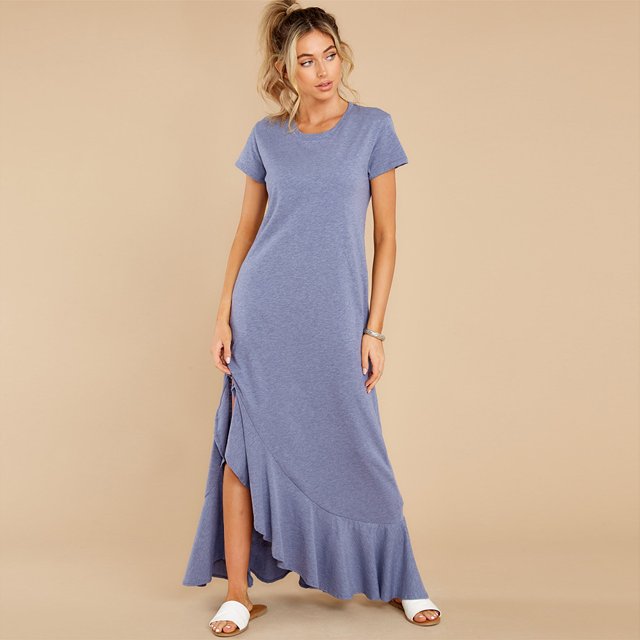 New Women's Crewneck Short Sleeve Ruffles Decor Asymmetrical Long Dress New Solid Color Casual Loose Robe Holiday Maxi Vestidos