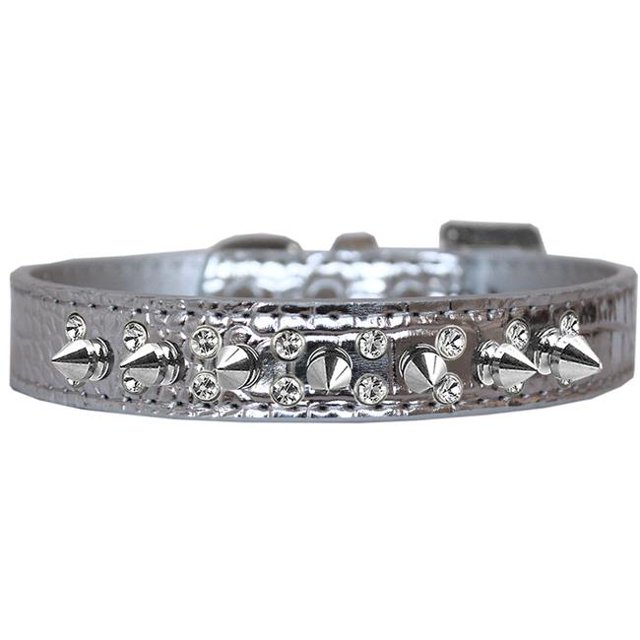 Double Crystal And Spike Croc Dog Collar Silver Size 12