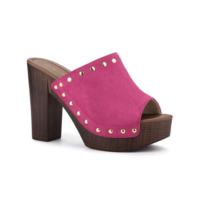BLISSFUL STEP Women's Shoes Platform Chunky Heels Open Toe Rivet Faux Suede Slides Sandals Hot Pink 8.5