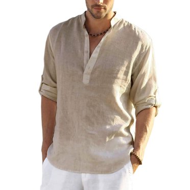 Wangsaura Men's Casual Shirt Solid Color Long Sleeve Stand Collar Button Tops