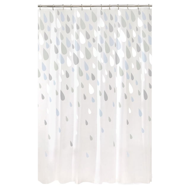 Mainstays Rideau de Douche en PEVA à Motif de Gouttes de Pluie avec Fond Blanc et Motifs de Gouttes de Pluie Surdimensionnés en Bleu, Gris et Blanc. Fabriqué en PEVA durable et Sans Odeur, Mesurant 70 par 72 Pouces, avec 12 Trous pour Boutons pour une Suspension Facile. Convient Aussi comme Séparateur Décoratif de Pièce.