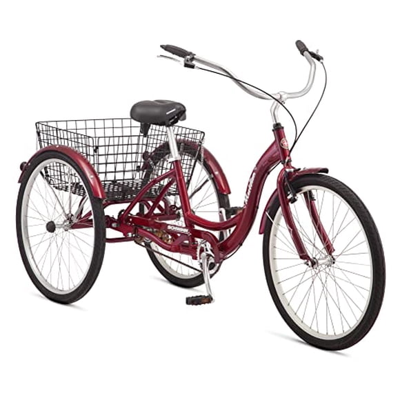Schwinn Meridian Tricycle pour Adulte, Vélo à Trois Roues de Type Cruiser, Roues de 26 Pouces, Cadre en Aluminium à Enjambement Bas, Guidon Ajustable, Grand Siège Cruiser, Panier Pliant Arrière, une Vitesse, Cerise Noire