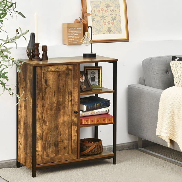 Patiojoy Armoire de Rangement Polyvalente à 3 Étagères Ouvertes et Porte avec Placard Autoportant