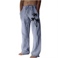 thumbnail image 2 of cllios Cotton Linen Pants for Men Palm Tree Tropical Print Beach Pants Regular Fit Elastic Waisted Drawstring Lounge Trousers with Pockets Lightweight Breathble Beachwear, 2 of 5