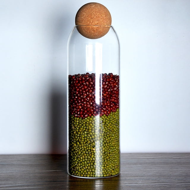 Grand Pot de Rangement en Verre Sans Plomb de 1250 ml avec Joint en Liège de Bois Naturel Doux – Contenant Rond Transparent pour Feuilles de Thé, Articles de Garde-Manger et Plus, Conception Durable et Hermétique pour Préserver la Fraîcheur