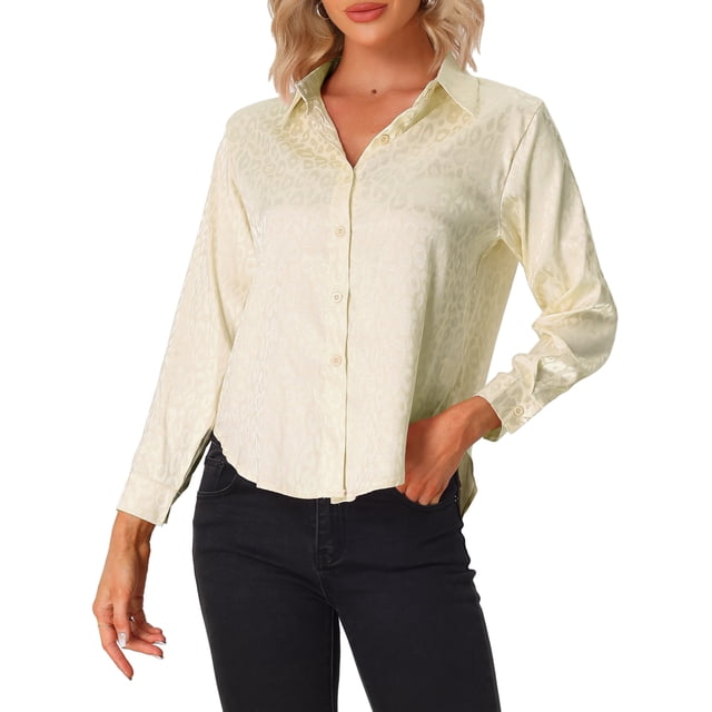 INSPIRE CHIC Chemise Décontractée de Bureau pour Femme à Boutons, Imprimé Léopard, Champagne L