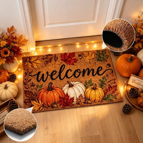 Boovnll Thanksgiving Pumpkin Doormat Coir Non-Slide Fall Welcome Mat Heavy Duty Natural Coconuts Fiber Entrance Rug For Front Door Patio Indoor Outdoor