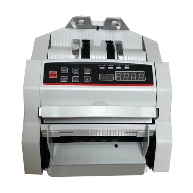 LED Money Bank Note Counting Machine Multi-Currency Bill Counter with UV Counterfeit Bill Detection. A front-facing view of a compact, portable bill counter featuring an LED display, control buttons, and a retractable handle. Designed for counting up to 900 bills per minute with UV counterfeit detection. Suitable for multiple currencies including USD, CAD, and Euro. Holds up to 200 bills and offers three counting modes: count, add, and batch.