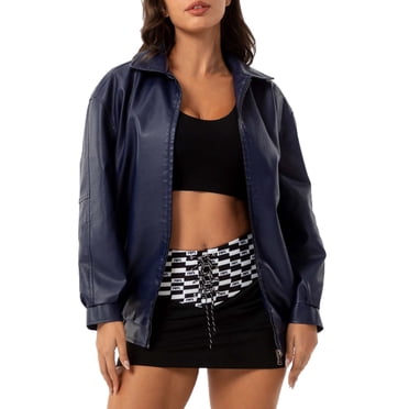 Pisexur Womens Jacket Motorcycle Biker Coats Trench Coats Winter Coats Fashion Women's Solid Color Long Sleeved Turndown Collar Zipper HoodedLess Pocket Leather Jacket