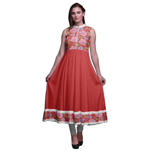 Bimba Robe Anarkali Fleurie Dark Peach3 pour Femmes, Kurti Imprimée Ethnique Indienne, Longue Kurta, Robe de Soirée, Moyen
