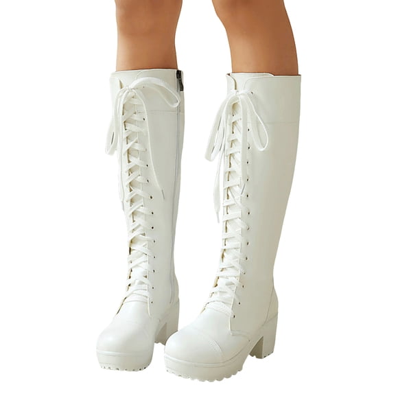 Rokment Womens Platform Knee High Combat Boots Cocktail Banquet Party Vintage Leather Chunky High Heel Mid Calf Dress Tall Boots