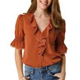 thumbnail image 2 of INSPIRE CHIC Blouse en Mousseline Semi-Transparente pour Femme à Volants, Col en V, Manches Bouffantes au Coude, S Brun Rouge, 2 of 8
