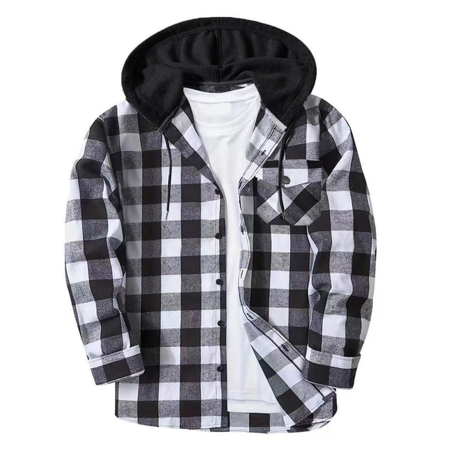 aohooy Men's Flannel Jackets - Trendy Casual Button Down Plaid Long Sleeve Fall Jackets Shacket with Pockets Gray,M
