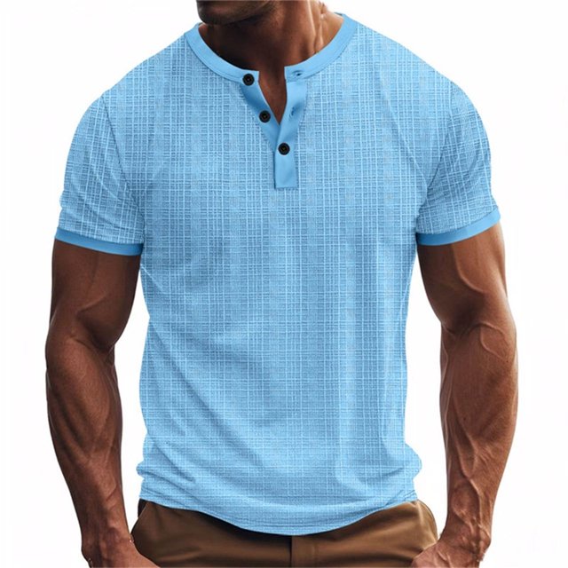 BEFOKA Mens Summer Short Sleeve Tops,Summer Tops Clearance,Man Leisure Button Solid Color Ventilation Short Sleeve Round Neck Top