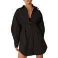 thumbnail image 1 of Robe T-Shirt Mini à Manches Longues Boutonnée pour Femme, Col à Revers, Plissée Évasée, Courte, Noire, P, 1 of 9