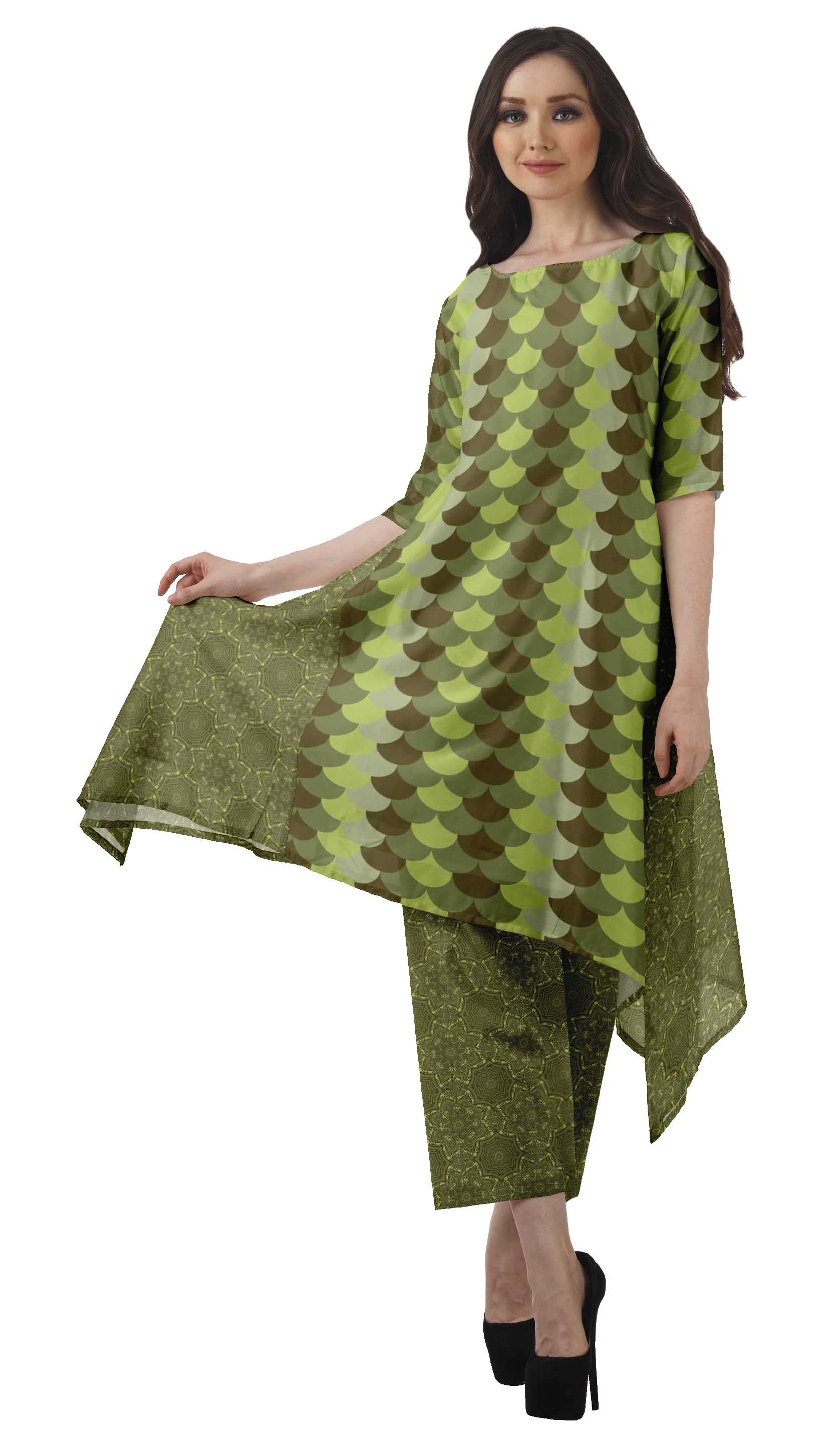 Moomaya Kurti Asymétrique avec Ensemble Pantalon Femmes Chanderi Imprimé Tenue de Fête Vêtements